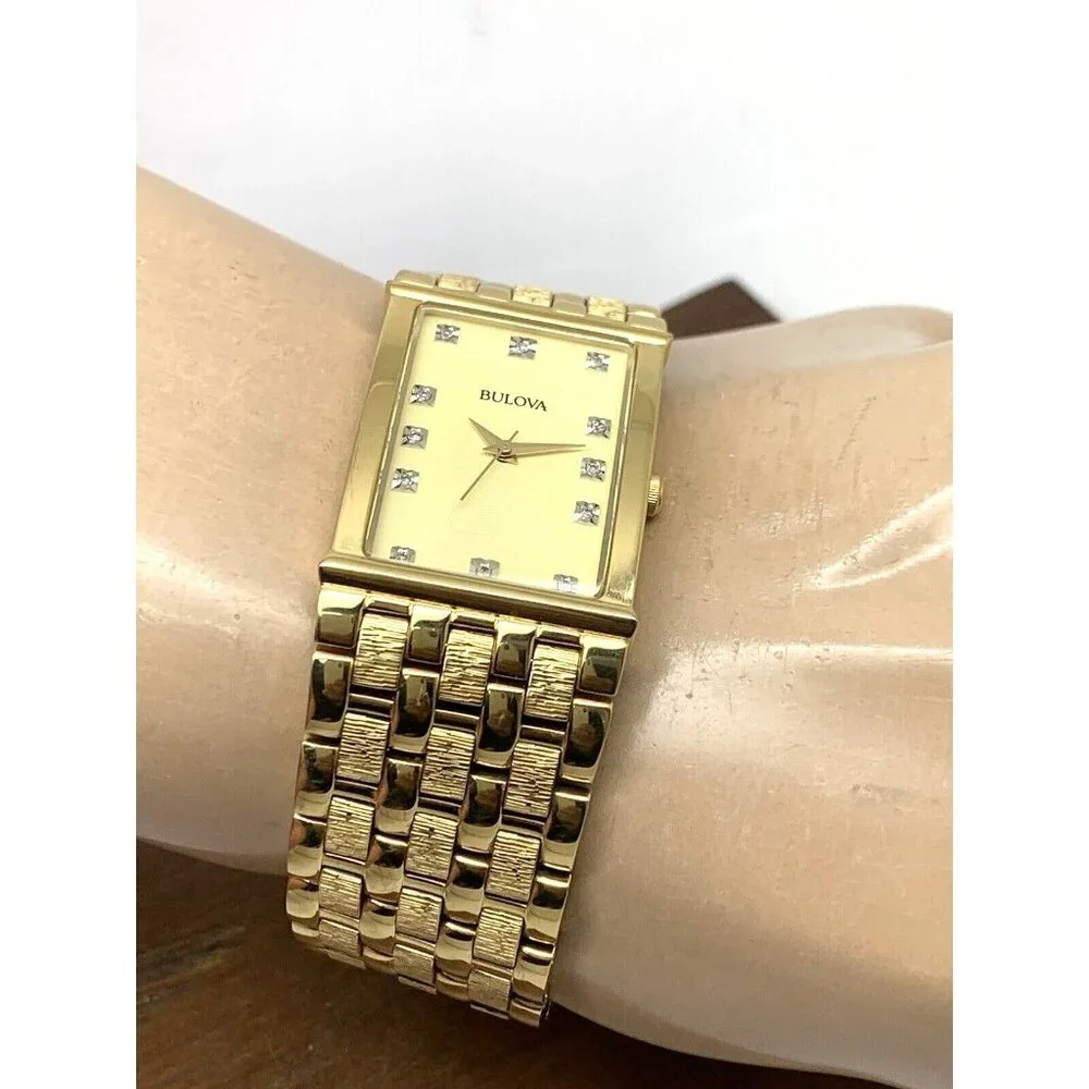 Bulova Men's Watch 97F52 Quartz Diamond Dial Gold Tone Stainless Steel Wide Band